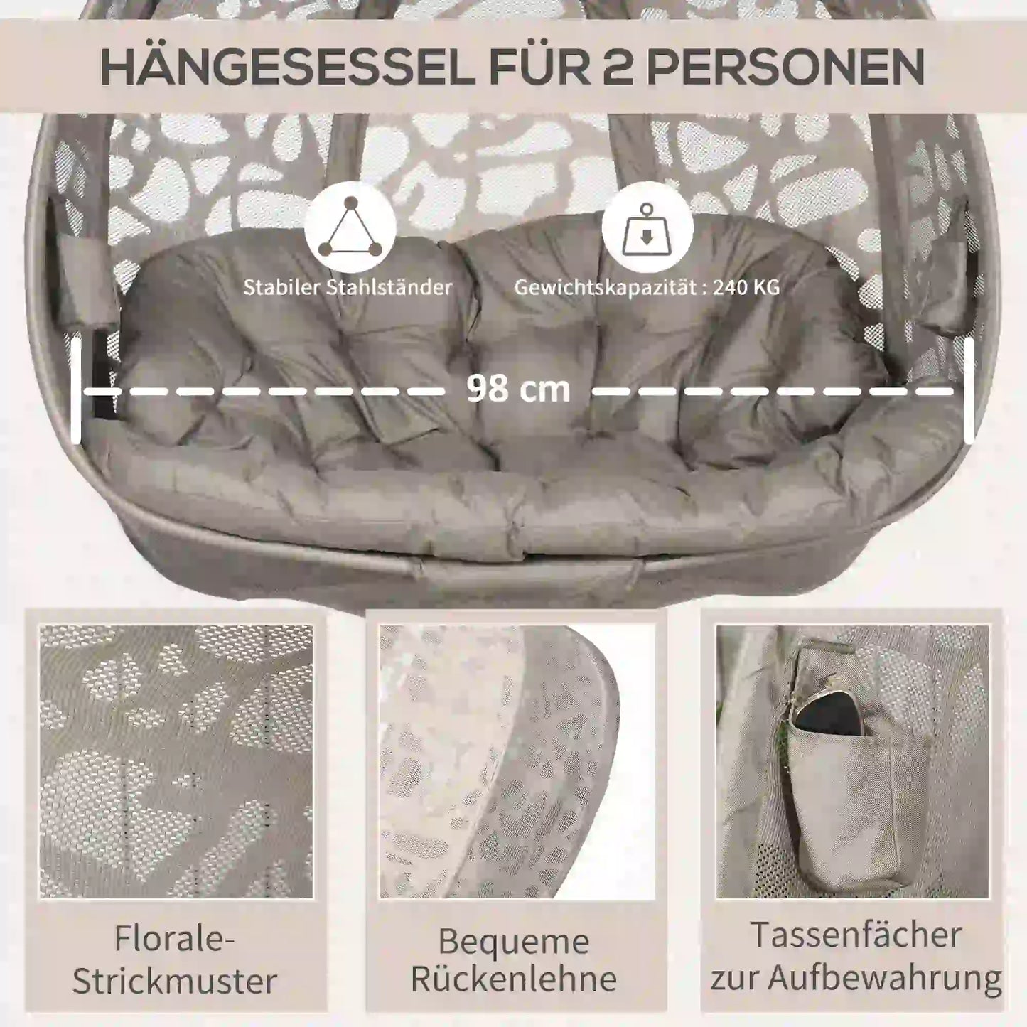 Outsunny Hängesessel 2-Sitzer klappbar mit Dach und Kissen Sand