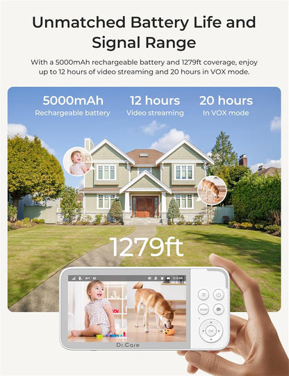 Dr.Care VistaView Smart WLAN Babyphone mit 2 Kameras, 5” 1080P HD, 2K Kamera, App-Steuerung, Bewegungs- & Weinen-Alarm, Nachtsicht, 5000mAh, Zwei-Wege-Audio, 390m Reichweite
