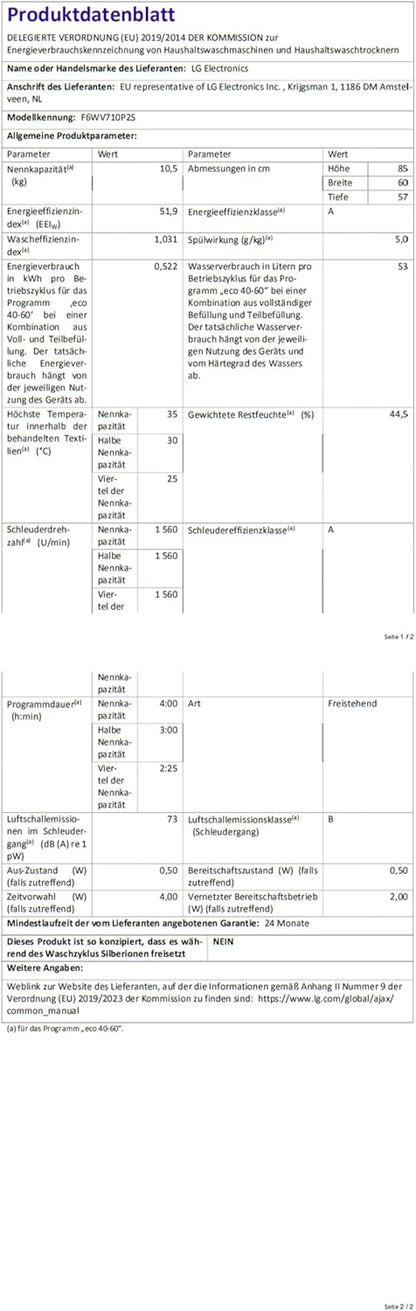 LG F4WV7080, Klasse A, Frontlader-Waschmaschine 8 kg, 1400 U/Min, AI Direct Drive, Wi-Fi, Tiefenreinigung mit Dampf, Groe Kapazitt, TRIPLE A, Außentür aus Sicherheitsglas, 62 x 60 x 85 cm Wei
