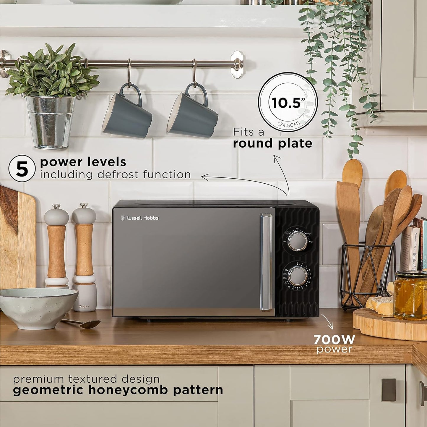 Russell Hobbs Honeycomb RHMM715G 17 Liter 700 W Grau Solo manuelle Mikrowelle mit 5 Leistungsstufen, integrierter Timer und Auftaufunktion