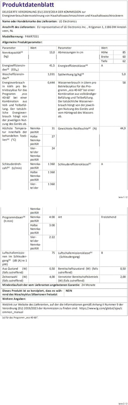 LG F4WV7080, Klasse A, Frontlader-Waschmaschine 8 kg, 1400 U/Min, AI Direct Drive, Wi-Fi, Tiefenreinigung mit Dampf, Groe Kapazitt, TRIPLE A, Außentür aus Sicherheitsglas, 62 x 60 x 85 cm Wei